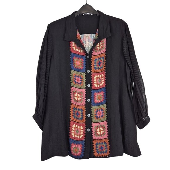 John Mark Womens M Black Button-Up Crochet Patchwork Tunic Blouse - Picture 12 of 14